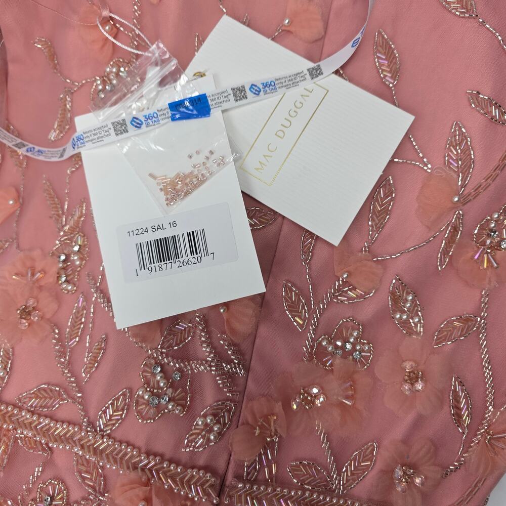 Mac Duggal Formal Pink Maxi Beaded Dress 11224 Tulle Salmon Flowers Gown 16 - Picture 4 of 14